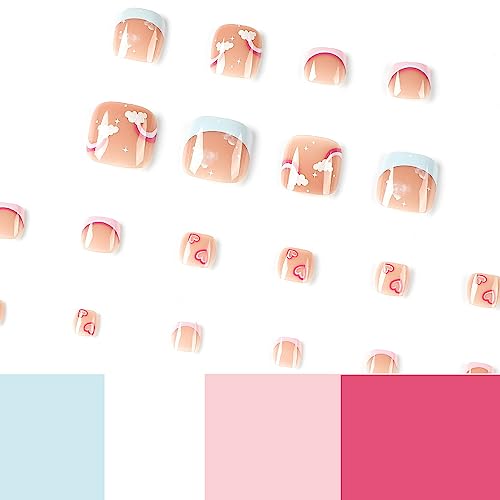 French Tip Press on Toenails Press on Nails Short Square 24PCS Fake Toe Nails with Cloud Rainbow Designs Designs Nude Pink Full Cover Glossy Toe Fake Nails Acrylic Toenails for Women and Girls