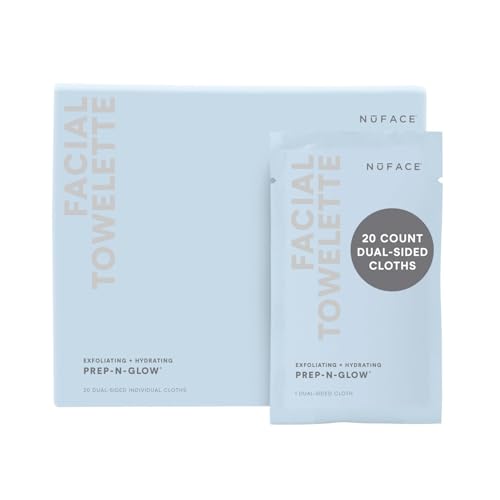 NuFACE Prep-N-Glow Facial Towelettes - 2-in-1 Exfoliating + Cleansing Makeup Remover Wipes, Hyaluronic Acid Travel Face Wipes to Hydrate & Brighten for Glowing Skin - 20 Individually Wrapped Cloths