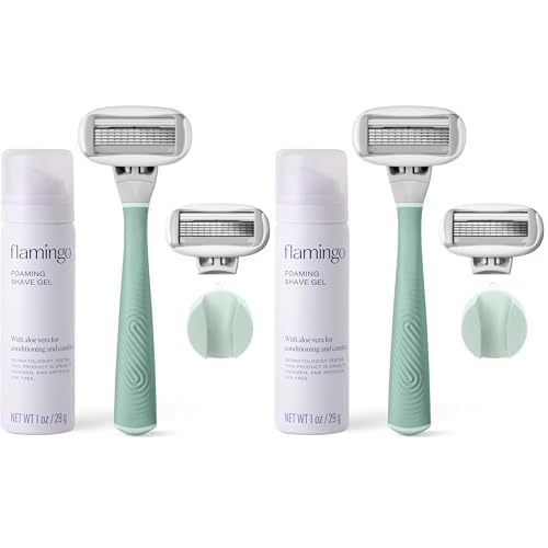 Flamingo 5-Blade Razors | for Women | Handle + Gel + Holder | Sage | Pack of 2