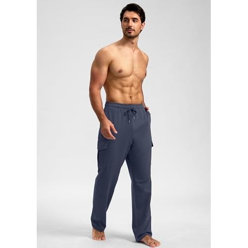 Pudolla Men's Cotton Sweatpants with Cargo Pockets Open Bottom Yoga Pants for Men Lounge Pants for Athletic Workout Casual