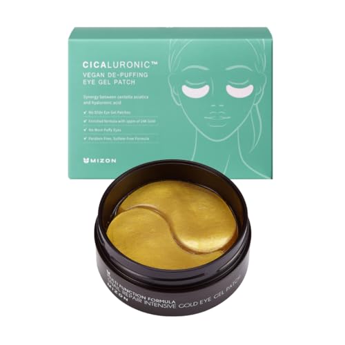 MIZON Snail Gold Eye Gel Patches + Cicaluronic Vegan De-puffing Eye Patches. Intensive eye skincare, anti-wrinkle, de-puffing, refreshing, soothing, hydrating.