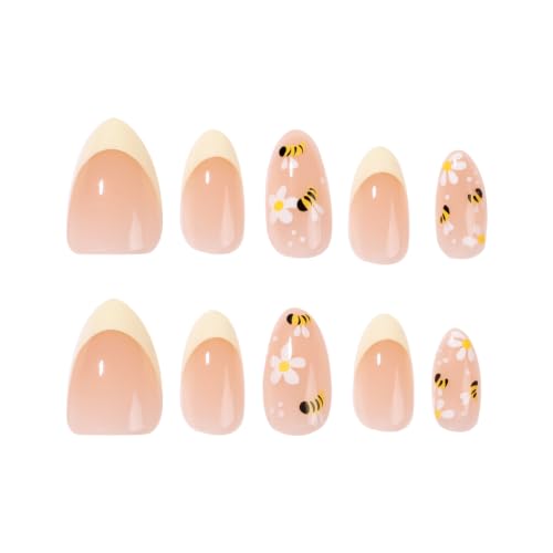 Short Almond Press On Nails with Daisy Bee Design, 24PC