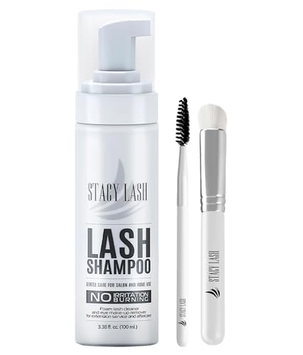 STACY LASH Eyelash Extension Shampoo + Brush / 3.38 fl.oz / 100ml / Eyelid Foaming Cleanser/Wash for Extensions & Natural Lashes/Safe Makeup Remover/Supplies for Professional & Home Use