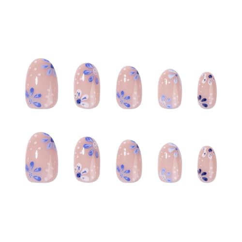 UZJXQ Short Oval Press-On Nails Nude Base with Blue Floral & Polka Dot Design – 24Pcs Style-1