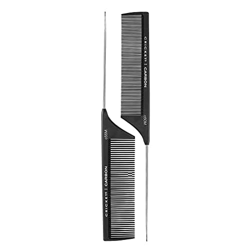 Cricket C50M & C55M Professional Carbon Rattail Comb Set for Hair Stylists, Fine & Medium Tooth, Anti-Static, Heat-Resistant, Seamless Teeth, Durable Lightweight Tail Combs - 2-Pack