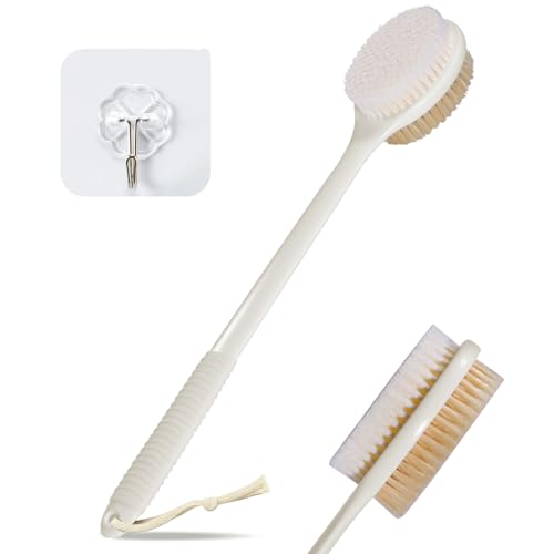 VANZAVANZU 17 Inch Anti-Slip Long Handle Back Scrubber for Shower ? Dual-Sided Shower Brush and Shower Back Scrubber with Soft and Stiff Bristles for Wet or Dry Brushing (Cream White)