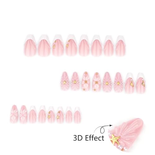 Medium Almond Press On Nails | Nude Pink 3D Floral French Tips
