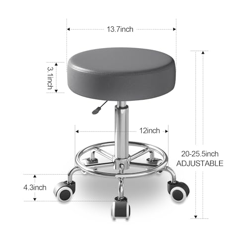 Rolling Stool, Heavy Weight Capacity 250lb, PU Leather Rolling stools, Ultra Soft Padded Seat, Rolling Stools with Wheels and Footrest, 360¡Æ Swivel, Spa Drawing Salon Work Office Tattoo Stool (Grey)