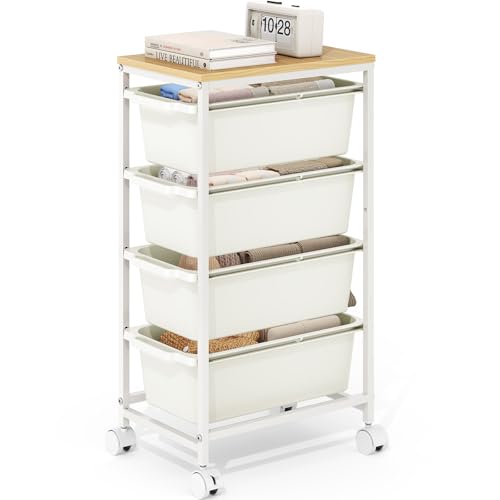 4-Drawer Rolling Storage Cart with Wooden Top & Lockable Wheels