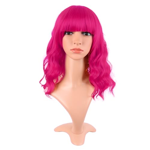 MapofBeauty 14" Short Curly Bob Wig Hot Pink
