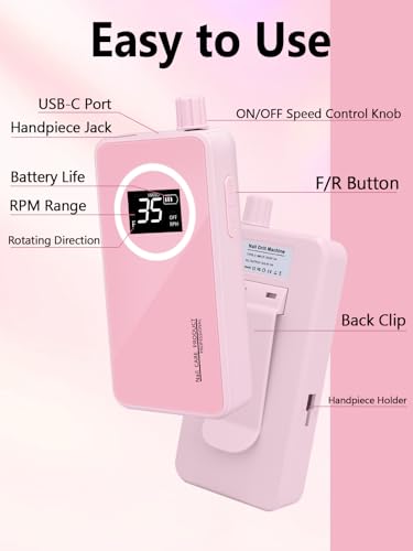 Electric Nail Drill 50000 RPM - Rechargeable E-File Machine with 12 Bits, LCD Display, Low Noise, Home Manicure Kit