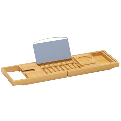Bamboo Bathtub Tray Caddy - Expandable with Book & Tablet Holder