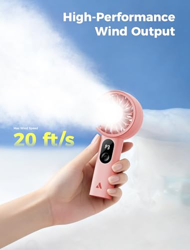 Aecooly Pink Portable Handheld Fan with Digital Display, USB Rechargeable, 5-Speed