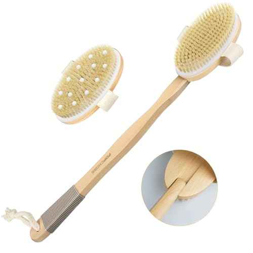 Dry Brushing Body Brush, POPCHOSE Body Scrubber for Men Women, Back Scrubber for Shower, Natural Bristle Exfoliator Scrubber for Body Cellulite and Lymphatic, Long Handle, Detachable, Dual Brush Heads
