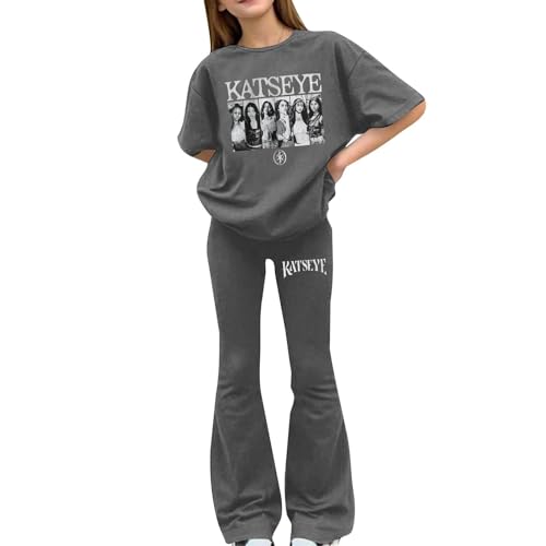 Kids Girl Short Sleeve Shirt & Flared Pants Set 12-13 Years Gray MABUTINGTI