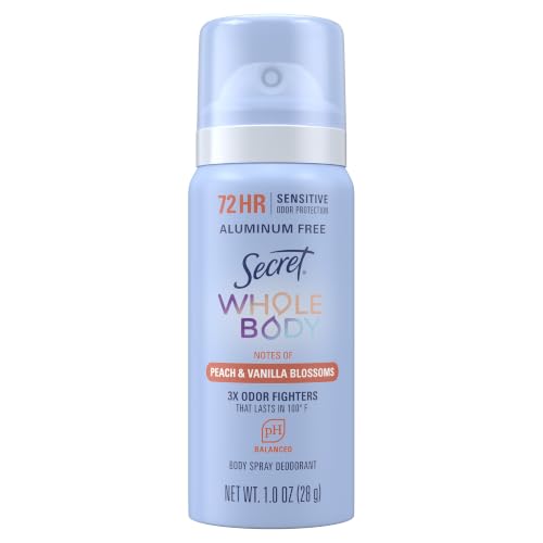 Secret Whole Body Deodorant Spray Travel Size 1 oz Peach Vanilla - 72HR Odor Protection, Aluminum-Free, Clear, Dermatologist Tested