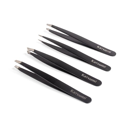 Katsumi Pinnacle 4-Piece Tweezers Set ? Precision Stainless Steel Tweezers for Eyebrows, Facial Hair, Ingrown Hair, Splinters, Hair removal Tweezer for Men & Women, Professional Tweezer Kit (Black)