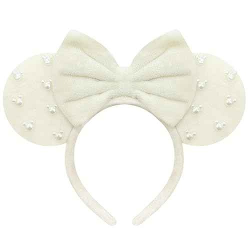 Trnerm Beige Fuzzy Mouse Ears Headband for Women, Cute Beads Headband with Bows£¬Halloween Costume Accessory