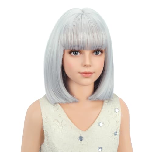 PATTNIUM Grey Bob Wig for Kids - Short Synthetic Wig with Bangs