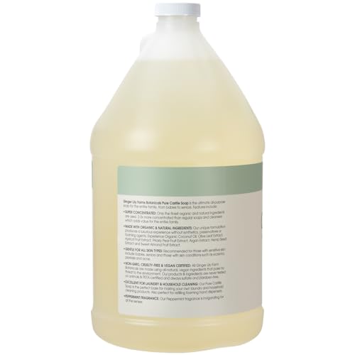 Ginger Lily Farms Botanicals Pure Castile Liquid Soap Refill, Peppermint Scent, 1 Gallon, All-Purpose Cleaner for Body, Face, Hair, Dishes, Laundry & Pets, Non-GMO, 100% Vegan & Cruelty-Free