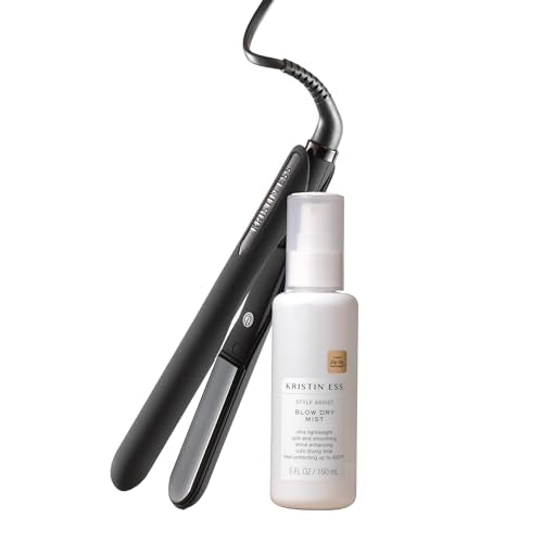 Kristin Ess Flat Iron Straightener + Style Assist Heat Protectant Spray Set - 3/4 Inch Ceramic Mini Straightener for Short Hair - Travel Case - Auto Shut Off