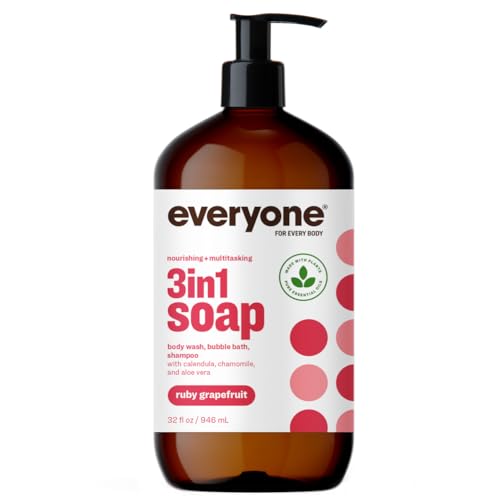 Everyone 3-in-1 Soap, Body Wash, Bubble Bath, Shampoo, 32 Ounce (Pack of 2), Ruby Grapefruit, Coconut Cleanser with Plant Extracts and Pure Essential Oils