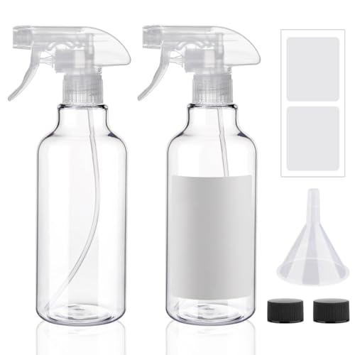 Plastic Spray Bottles 12oz 2 Pack Adjustable Mist/Stream Spraying Heavy Duty Square Water Spray Bottles for Hair, Cleaning Solutions, Plants£¬Essential Oils (Clear)