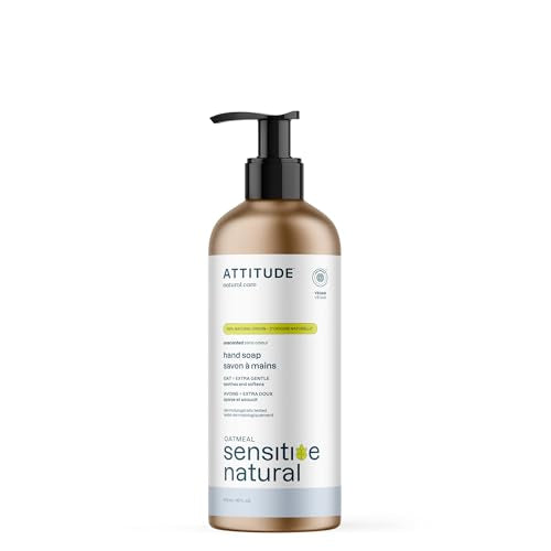 ATTITUDE Gentle Hand Soap for Sensitive Skin, EWG Verified, Enriched with Oats, Dermatologically Tested, Vegan, Unscented, Aluminum Bottle, 16 Fl Oz