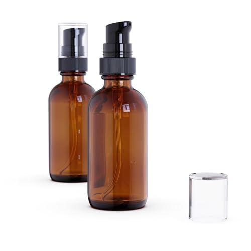 12Pack 60ml Amber Glass Pump Bottle with Black Top,2oz Small Dispenser, Travel Size Refillable Botttles For Lotions,Sercums,Essential Oils