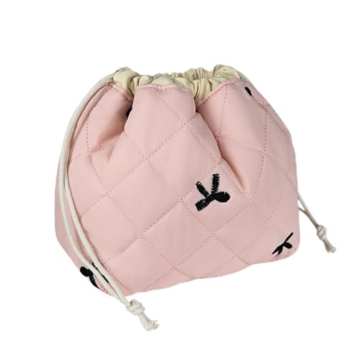 Large Makeup Bag, Cute Drawstring Cosmetic Bag with Canvas Lining, Floral Coquette Aesthetic Toiletry Bag, Travel Make Up Organizer Bag for Women and Girl (Pink Black Bow)