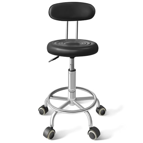 Chair with Wheels PU Leather, with Backrest, Height Adjustable, 360¡Æ Swivelling Armless Barstool with Footrest, Ideal for Pubs, Restaurants, Offices, Homes, Tattoos, Massages (Black)
