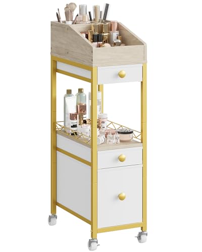 Rolling Makeup Organizer Cart with Drawers – 33in Metal & Fabric Storage