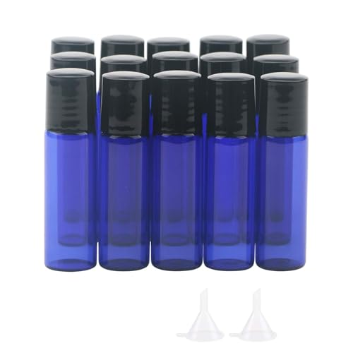 JIUWU 15pcs 5ml Blue Essential Oils Stainless Steel Roller-on Bottles Refillable Perfume Organic Beauty Stainless Steel Frosted Vials with 2pcs Funnels, 1 Tool