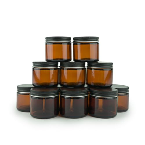 Glass Amber 2oz Jar - 12 Packs, Empty Round Jars For Beauty Products, Lotion, and Powders - Black Lid - Small Candle Jars