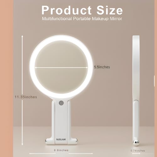 NJ GLAM LED Lighted Makeup Mirror 1X/10X Magnification with 3 Light Modes, Rechargeable Portable Vanity Mirror with Adjustable Stand
