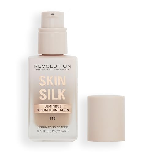 Revolution Skin Silk Radiant Satin Serum Foundation, Lightweight, Buildable Coverage with Hydrating Hyaluronic Acid for a Natural Finish, Vegan & Cruelty-Free, F10 Medium Skin Tones, 0.77 fl oz