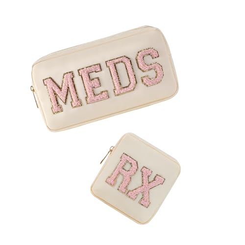 2pcs Personalized Chenille Letter Patch MEDS and RX Bags Set,Cute Nylon Drug Medicine Travel Makeup Bag with Zipper, Preppy Vitamin Organizer Bag for Women and Girls (RX+MEDS Beige)