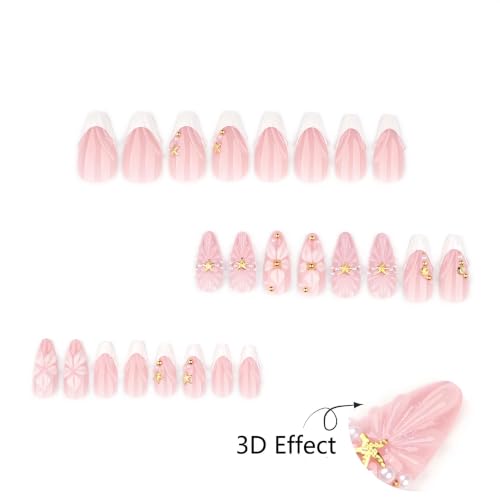 Medium Almond Press On Nails, Nude Pink Fake Nails with 3D White