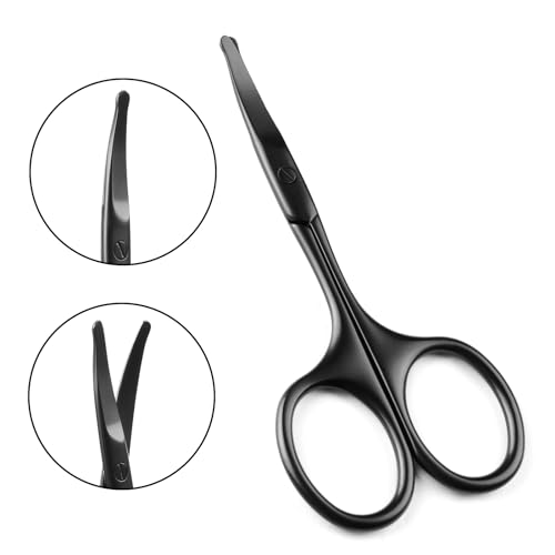 Premium Nose Scissors for Men Women, Facial Grooming Scissors, Curved Safety Blades with Rounded Tip for Trimming Small Details, Ear Hair, Eyebrow - Black