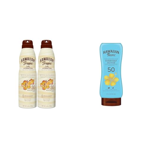 Hawaiian Tropic Weightless Hydration Clear Spray Sunscreen SPF 30 Twin Pack 6oz each & Everyday Active Lotion Sunscreen SPF 50 8oz