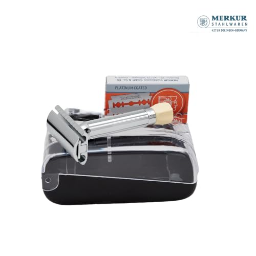 MERKUR 500C Short Handle Adjustable Blade Gap Safety Razor Set with 10 Blades In A Box