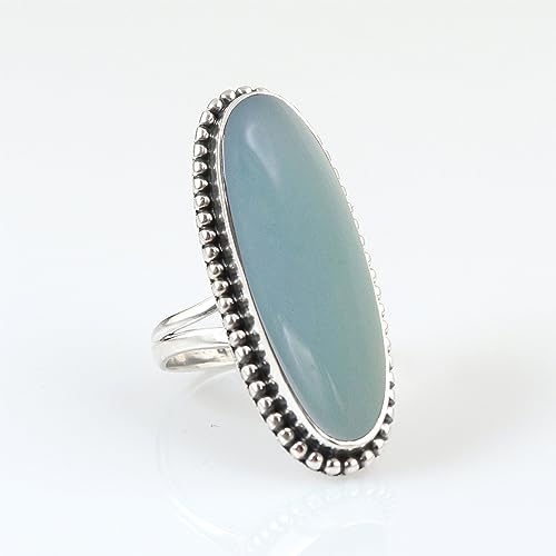 Long Oval Aqua Chalcedony Ring 925 Sterling Silver Handmade Ring For Women Wedding, Engagement Gift For Her Aqua Blue Gemstone Ring Chalcedony Jewelry By NKG