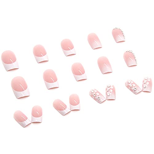 Pale Pink Press on Nails Medium Square Fake Nails with Flower Rhinestone Designs Glossy Full Cover Glue on Nails Acrylic French False Nails Stick on Nails for Women Girls