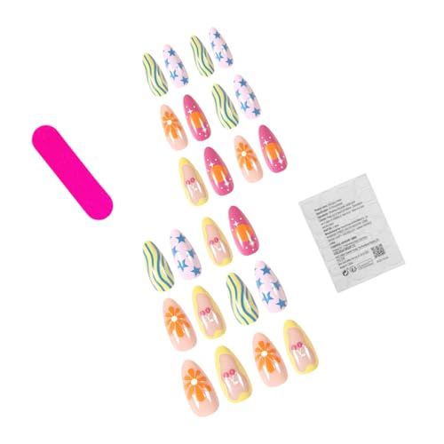 24Pcs Almond Shaped Press On Nails - Colorful Floral Designs