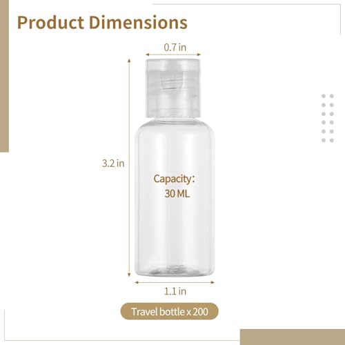 Lnrueg 200 PCS 1OZ Travel Bottles with Flip Cap - 30 ml Clear Plastic Travel Size Containers, Portable Leak Proof Squeeze Bottles Refillable Empty Cosmetic Containers for Liquid Shampoo Lotion, Clear