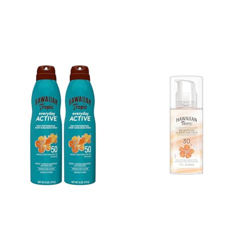 Hawaiian Tropic Everyday Active Spray Sunscreen SPF 50 Twin Pack and Weightless Hydration Face Sunscreen SPF 30 Travel Size