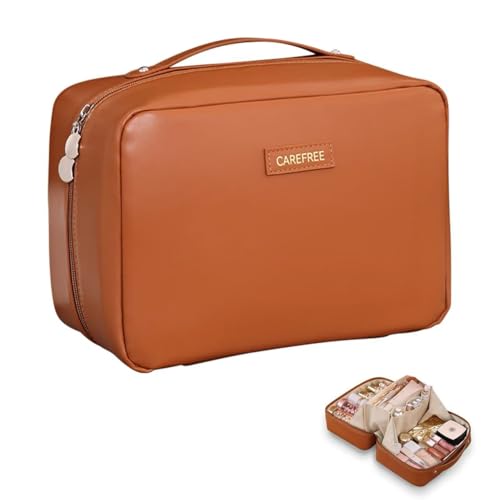 AUCCNT Brown Travel Makeup Bag - Large Capacity Waterproof Cosmetic Organizer