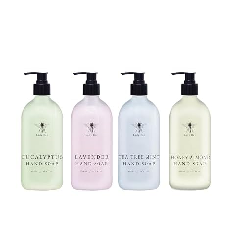 Home & Body Company Lady Bee Hand Soap Set, 4 Pack with Eucalyptus, Lavender, Tea Tree Mint, Honey Almond Scents, 21.5 fl oz Each with Pump Dispenser