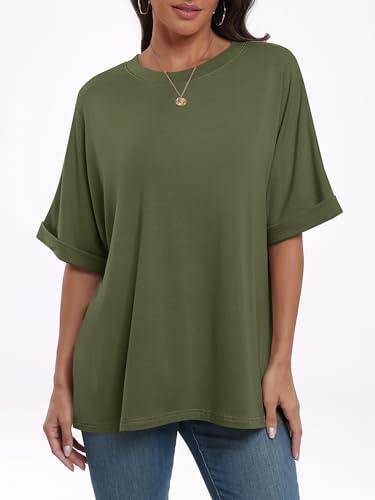 ANRABESS Women's Oversized T Shirts Short Sleeve Crewneck Summer Tops Casual Loose Basic Tee Shirts 2024 Trendy Clothes Olive Green Small