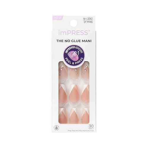 KISS imPRESS No Glue Mani Press On Nails, French, 'Glimpse', White, Medium Size, Coffin Shape, Includes 30 Nails, Prep Pad, Instructions Sheet, 1 Manicure Stick, 1 Mini File